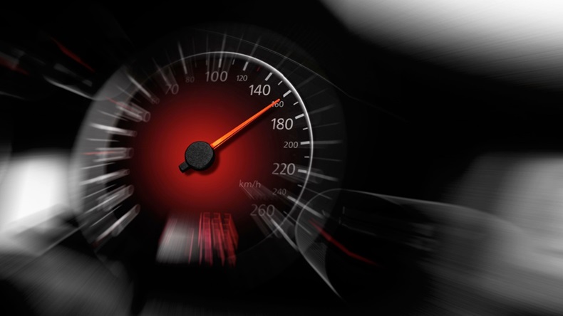 close up of car speedometer at 160 km/h 