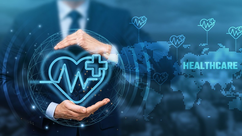 Hand holding global network connection on healthcare, telemedicine, wearable devices, health informatics, digital health, technology and futuristic innovations.