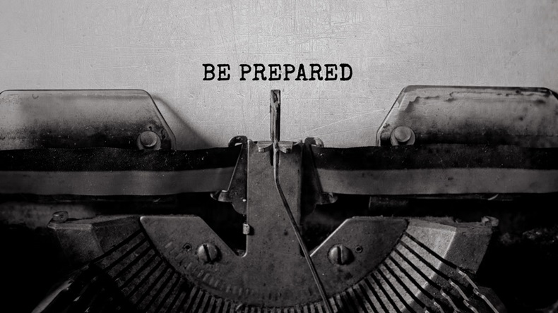 BE PREPARED typed words on a vintage typewriter