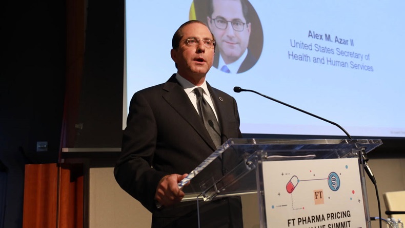 United States Secretary of Health and Human Service, Alex Azar, speaks at the FT Pharma Pricing and Value Summit in New York