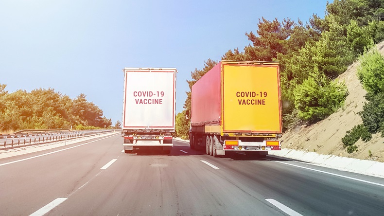 Trailer truck delivering covid-19 vaccine 