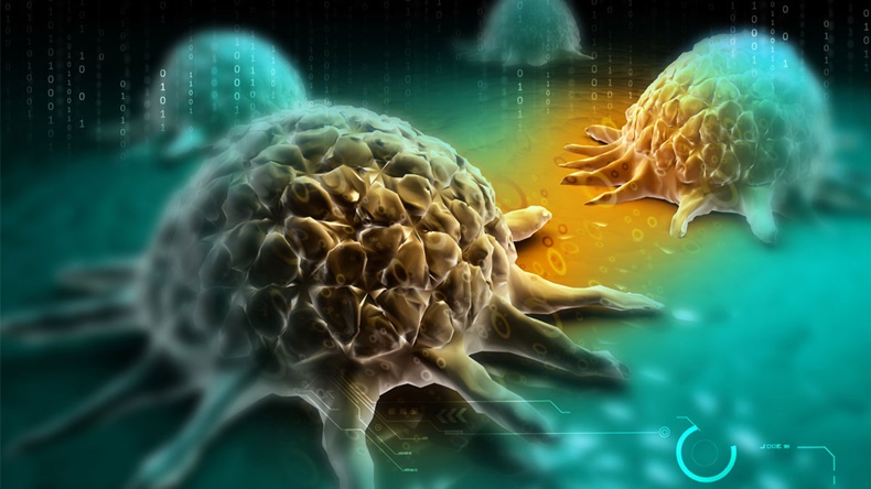 Digital illustration of Cancer cell in colour background 