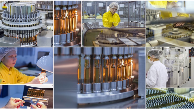 Pharmaceutical and Medicine Manufacturing - Pharmaceutical Workers - Collage Photo. Pharmaceutical industry photo collage showing workers at work on production of medicines in pharmaceutical factory.