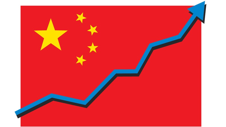 China flag with arrow graph going up showing strong economy and shares rise. Profit and success. Isolated vector illustration.