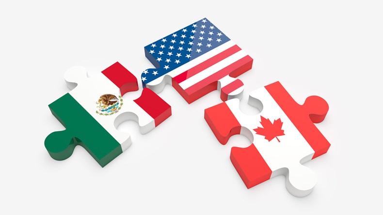 Separated jigsaw puzzle pieces with U.S., Canada and Mexico flags. NAFTA trade agreement members concept. 3D Illustration.