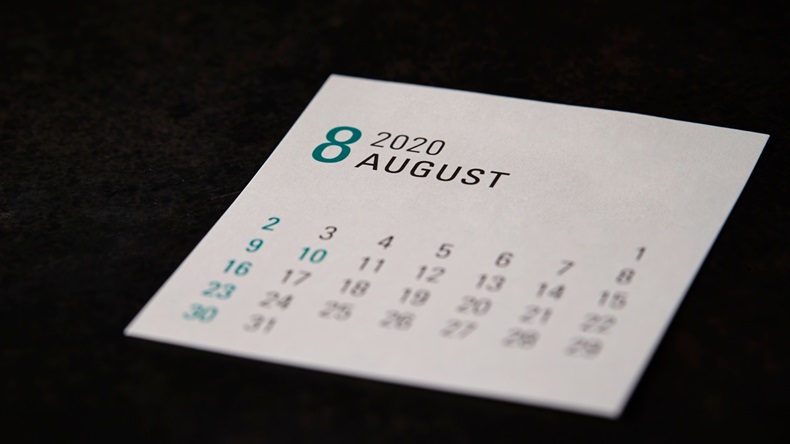 2020 August calendar on black background 