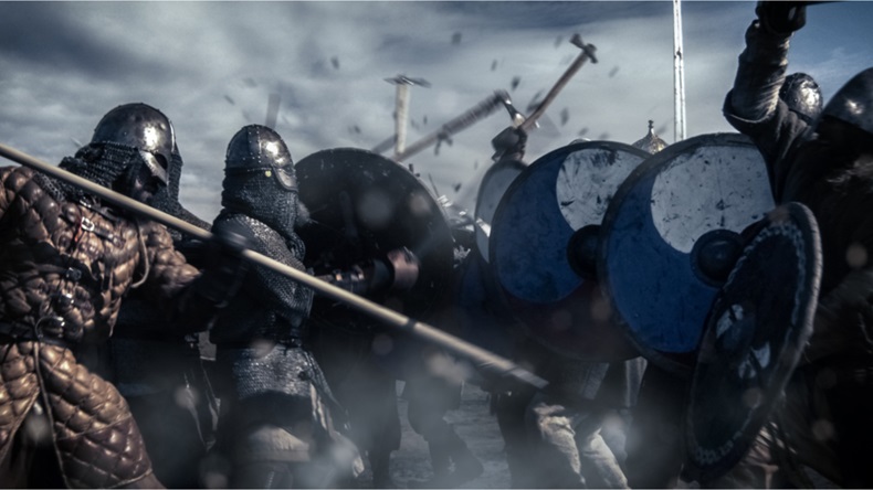 Large Battle Between Medieval Warriors. Medieval Reenactment. - Image 