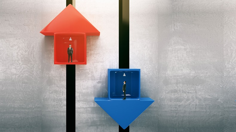 Red and blue arrow elevators with businessmen going up and down. 