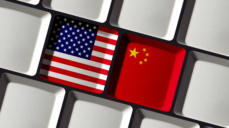 USA and China - US American and Chinese Flags on Computer Keyboard - Concept Technology