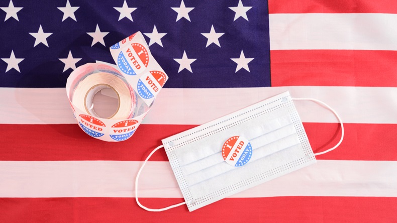 Voting sticker with mask and flag